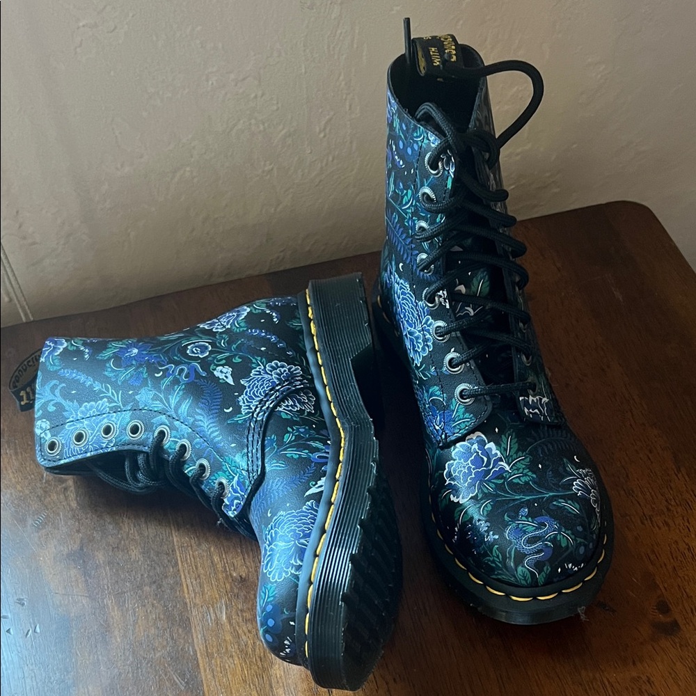 Dr Martens Floral Blue Combat Boots